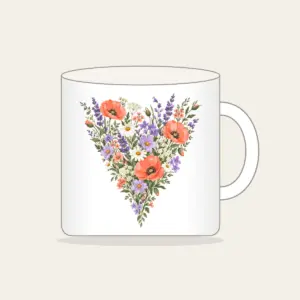 Wildflower Meadow in Coral and Lilac Mug in white: A single tall wildflower meadow in coral, lilac, green and cream narrows to a point at the lower edge.