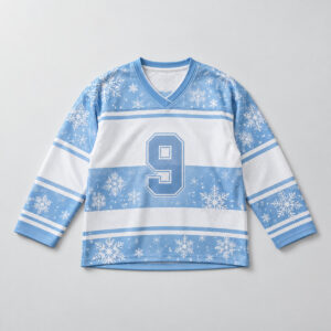 Blizzard Band Hockey Jersey with horizontal ice-blue and white bands with drifting snowflakes and the number "9" on the chest