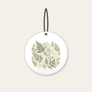 Pressed Ferns with a Gold Line Ceramic Ornament in white: All-over pressed ferns in sage and cream, edged with a fine gold line.