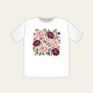 Peony Lace Garden T-Shirt in white: Peony blooms and leaves in blush, plum and sage on cream with a lace-look border.