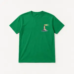 Lighthouse Beam Classic Tee with small chest print of a striped lighthouse with a soft beam of light in red, white and gold