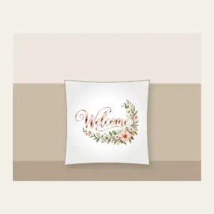 Rose Gold Welcome Wildflower Garland Pillow in white: The word “Welcome” in rose gold mirror lettering, with a blush and sage wildflower garland curling into one corner.