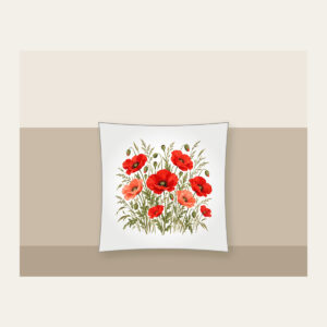Poppies and Tall Grasses on Cream Pillow in white: Red and coral poppies stand among tall olive grasses on a cream ground.