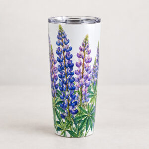 Wild Lupine Stainless Tumbler with tall wild lupine flowers in violet and blue with green leaves around the tumbler