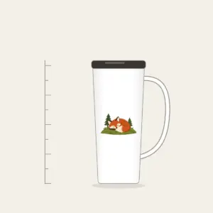 Sleeping Fox on the Hill Tumbler with Handle in white: A rust-colored fox curled asleep on a green hill with two tiny pines.