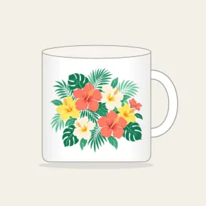 Hibiscus and Palm Sorbet Colors Mug in white: Hibiscus and palm leaves in coral, mint and lemon scattered over cream.