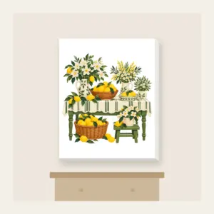 Lemon and Flower Market Stall Canvas Print in white: A market table piled with lemons and blossoms in lemon yellow, cream and green.