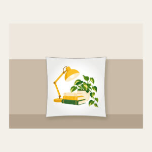 Lamplit Desk with Books and Fern Pillow in white: A warm yellow desk lamp glows beside a stack of books and a potted plant in cream and green.