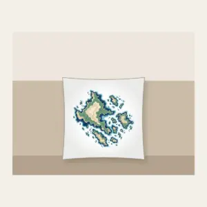 Topographic Coastline and Islands Map Pillow in white: Topographic contours of a coastline and islands in navy, sea green and sand on cream.