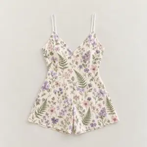 Pressed Posy V-Neck Cami Jumpsuit with all-over pressed posies and ferns in lilac, blush and sage on cream