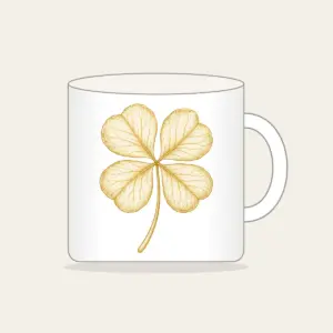 Four-Leaf Clover Botanical Plate Mug in white: A four-leaf clover with its roots, drawn in cream and gold line art in the style of a botanical plate.