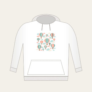Striped Hot Air Balloons in the Clouds Hoodie in white: Striped hot air balloons drift through clouds in coral, teal and cream.