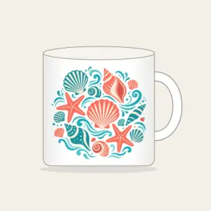 Shells, Starfish and Ripples Mug in white: Seashells, starfish and gentle ripples drift across the pattern in coral, teal and cream.