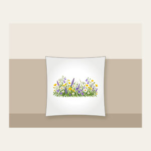 Wildflower Strip Beneath a Pale Sky Pillow in white: A strip of yellow, purple and white wildflowers runs along the lower edge beneath a pale sky gradient.
