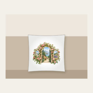 Rose Garden Gate Arch Pillow in white: An arched garden gate wrapped in blush and green climbing roses, with botanical and landscape scenes in its openings.