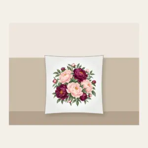 Blush and Plum Peony Garden Pillow in white: Peonies and leaves in blush, plum and sage fill the artwork edge to edge.