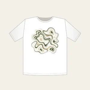 Moss and Sand Contour Lines T-Shirt in white: Flowing contour lines in moss, sand and cream trace the shape of a quiet landscape.