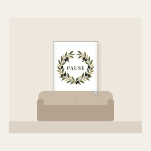 Olive Branch Wreath with PAUSE Fleece Blanket in white: An olive branch wreath with dark fruits and ochre dots circles the word PAUSE in simple deep green serif letters.