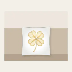 Four-Leaf Clover Botanical Plate Pillow in white: A four-leaf clover with its roots, drawn in cream and gold line art in the style of a botanical plate.