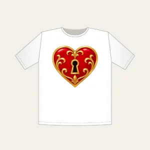 Heart and Keyhole in Red and Gold T-Shirt in white: A small heart with a keyhole in red and gold on a clean ground.