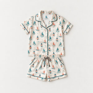 Sailboat Harbor Kid Satin Pajama Set with all-over repeat of tiny sailboats and harbour lanterns in teal, coral and cream