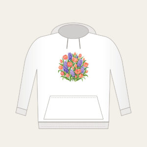 Tulip and Hyacinth Beds Hoodie in white: Painterly flower beds of tulips and hyacinths in coral, violet and green on pale cream.