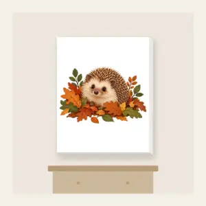 Hedgehog Among Fallen Leaves Canvas Print in white: A small hedgehog wanders among fallen leaves in brown, rust and green.