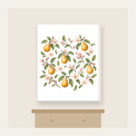 Golden Pears and Blush Blossoms Canvas Print in white: Small golden pears, blush blossoms and sage leaves scatter across an airy white ground.