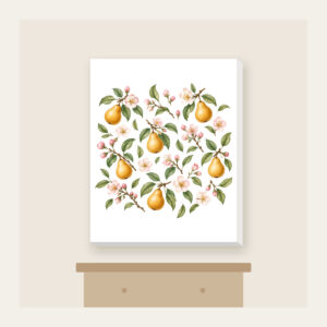 Golden Pears and Blush Blossoms Canvas Print in white: Small golden pears, blush blossoms and sage leaves scatter across an airy white ground.