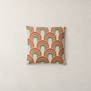 Terracotta Arch Couch Pillowcase with a repeat of nested arches in terracotta, sage and cream