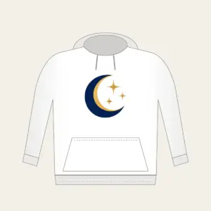 Golden Crescent and Three Stars Hoodie in white: A gold crescent moon and three small stars sit on deep navy.