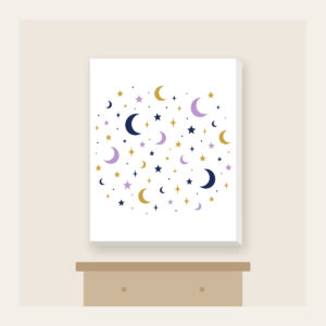 Scattered Stars and Crescents Canvas Print in white: Small stars and crescent moons scattered across the night in navy, lilac and gold.