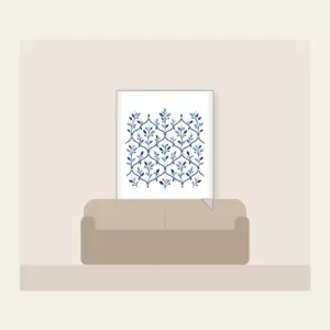 Navy Trellis and Leaf Pattern Fleece Blanket in white: A repeating trellis of fine lines and small leaves in navy, sky blue and cream.