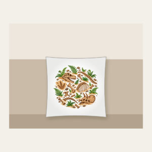 Dinosaur Bones and Fern Dig Scene Pillow in white: Dinosaur bones and curling ferns lie scattered across warm sand in earthy brown and green.