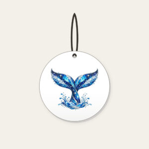 Whale Tail with Prismatic Shimmer Ceramic Ornament in white: A whale tail in blue and silver with tiny stars and a prismatic broken-glass shimmer.