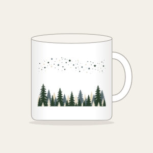 Pine Silhouettes under Scattered Stars Mug in white: A band of pine silhouettes runs along the lower edge beneath a drift of tiny stars in slate, forest green and cream.