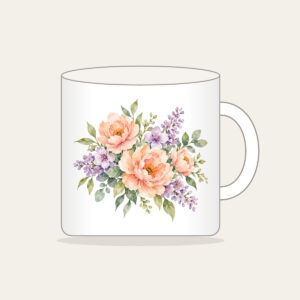 Watercolor Blooms in Peach and Lilac Mug in white: Gentle watercolor blooms in peach, lilac and sage bleed softly across white space.