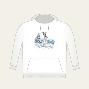 Hare in a Snowy Field with Pines Hoodie in white: A hare pauses in a snowy field among pines in white, grey and ice blue.