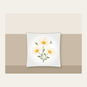 Three Daisies in Butter Yellow Pillow in white: Three daisies with tiny leaves in cream, butter yellow and sage.