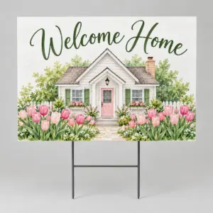 Welcome Home Tulip Yard Sign with a small house with tulips in front in pink and green with the words "Welcome Home"
