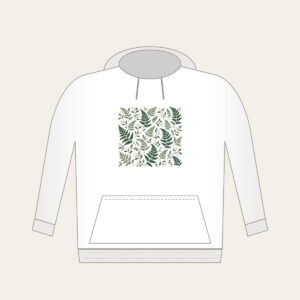 Fern and Berry Repeat Hoodie in white: A repeat of ferns and tiny berries in sage, deep green and cream.