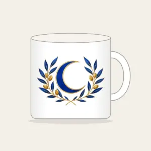 Crescent Moon and Olive Sprigs Mug in white: A centered crescent moon is flanked by olive sprigs in cobalt and gold line art on white.