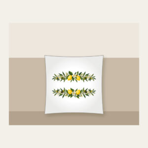 Olive and Lemon Branch Border Pillow in white: Olive and lemon branches run along both long edges in green, gold and cream.