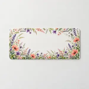 Roadside Wildflower License Plate Cover with a border of wildflowers and grasses in coral, violet and green along the edges with an open center