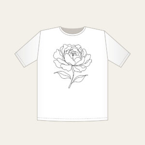 Peony in One Line T-Shirt in white: A single peony drawn in one continuous black line with two leaves.
