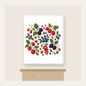 Wild Berries and Leaves Canvas Print in white: A scatter of wild berries and leaves in plum, red and green on cream.
