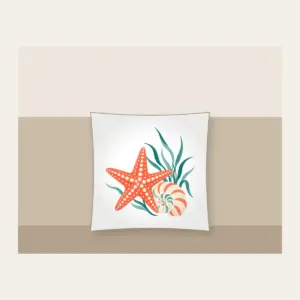Starfish, Spiral Shell and Sea Grass Pillow in white: A starfish, a spiral shell and a sprig of sea grass in coral, cream and teal.