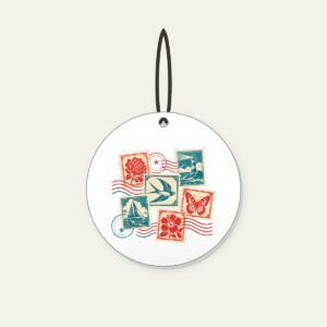 Vintage Postage Collage Ceramic Ornament in white: Vintage postage stamps with a wavy postmark in teal, cream and red.