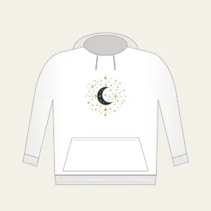 Gilded Constellations and Crescent Moons Hoodie in white: Cream and gold constellations and crescent moons drift across a deep navy sky.