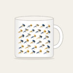Trout Flies in Diagonal Rows Mug in white: Tiny trout flies lined up in diagonal rows in navy, gold and cream.